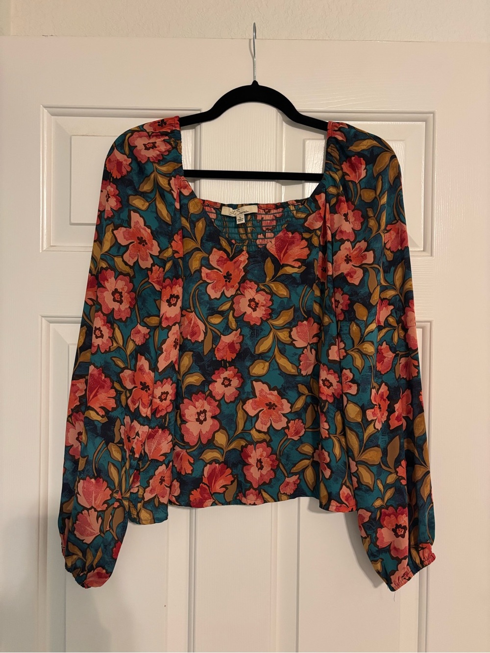 Teal Floral Square-Neck Blouse with Pink Bloom Print